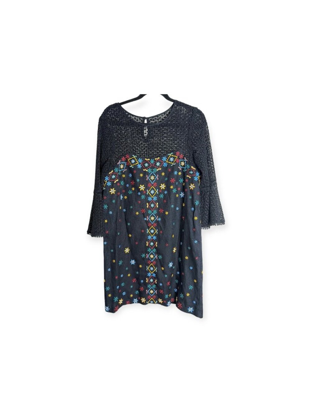 Anthropologie Akemi + Kin Maud Embroidered Shift Dress Black Boho Lace SZ 8 line